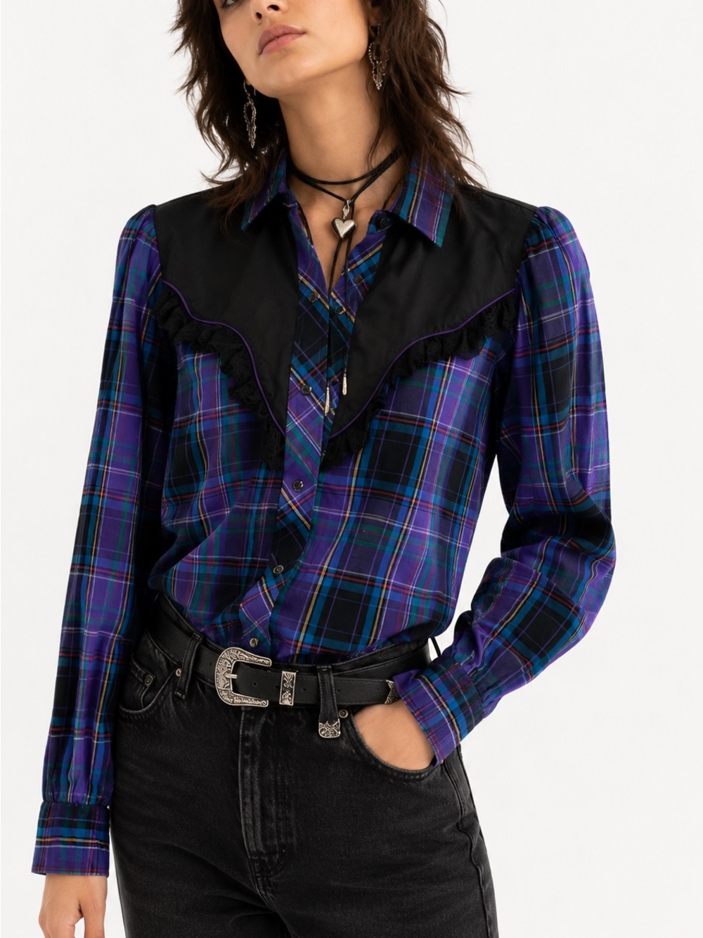 Vintage Kenny Rogers Western Collection Plaid Lace Yoke Blouse Small Purple